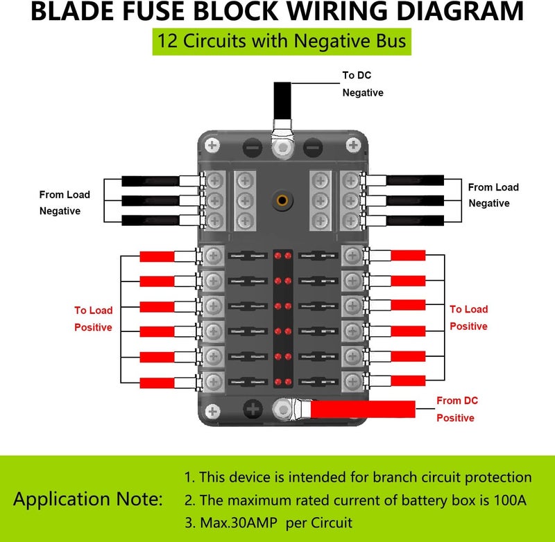 femedo 12 Way Fuse Block W/Negative Bus - ATC/ATO 12 Circuit Fuse Box with Ground, with Negative Bus & Protection Cover, Bolt Connect Terminals, 70 pcs Stick Label, for 12V/24V Vehicle Car Boat Marine Auto - Image 5